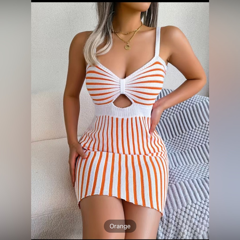 Striped Knitted Bodycon Cami Dress, Sexy Backless Cut Out Spaghetti Dress